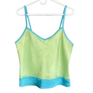Vintage Y2K silky satin lime green electric blue floral detail cami tank top